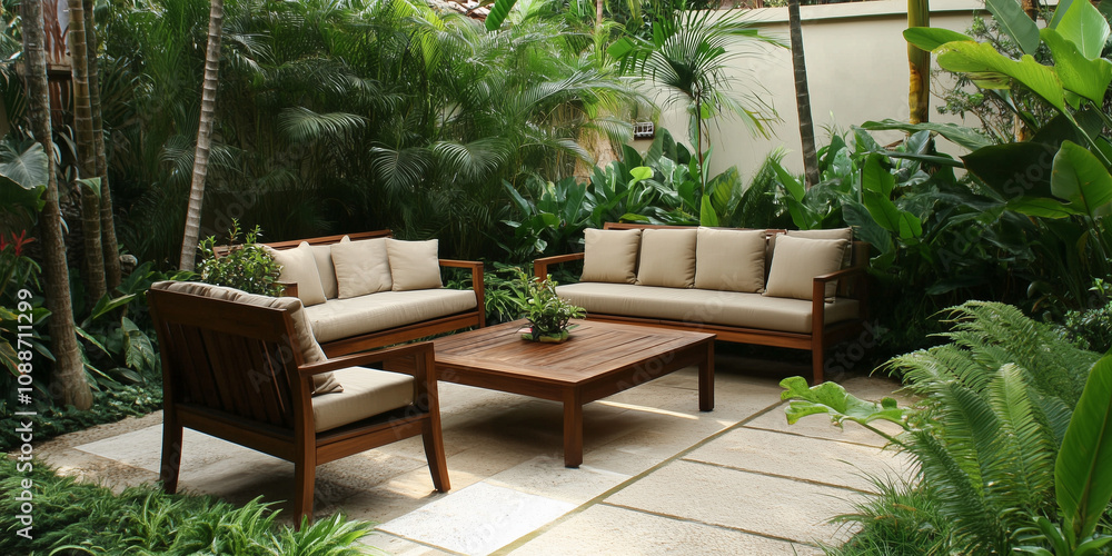 Naklejka premium Elegancka przestrzeń do odpoczynku w tropikalnym ogrodzie, z nowoczesnymi meblami ustawionymi w cieniu palm i otulonymi żywą zielenią.