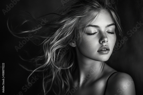 Black and white portrait of a young Caucasian woman with closed eyes, featuring wind-swept hair against a dark background, conveying serenity and elegance.