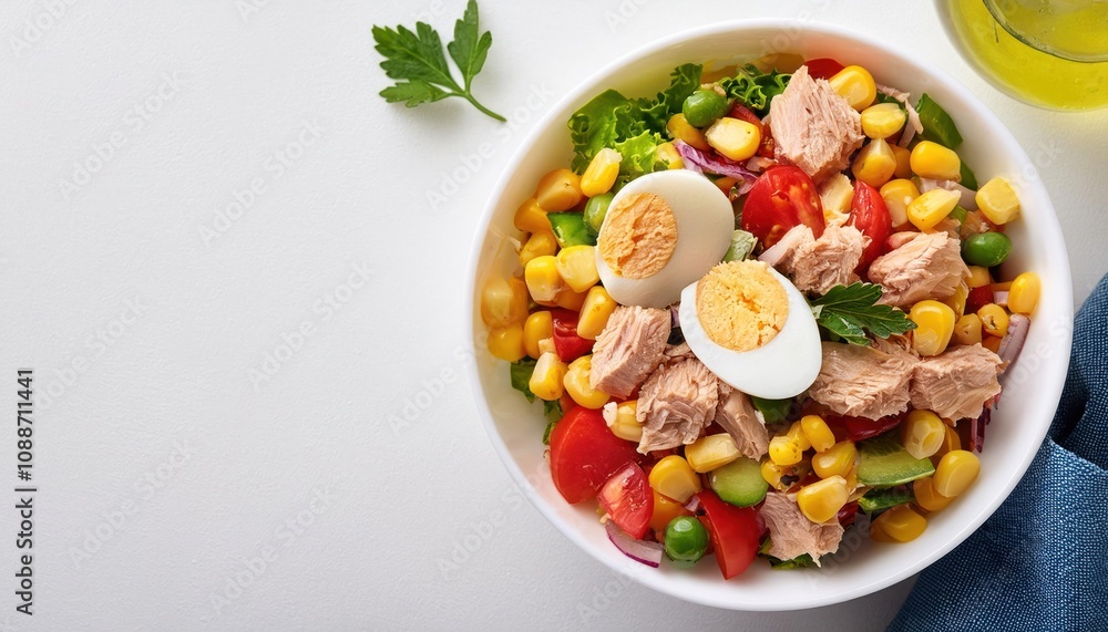 Nutritious Tuna Salad with Corn and Egg, Presented in a White Bowl from Above Nutritious Tuna Salad with Corn and Egg, Presented in a White Bowl from Above