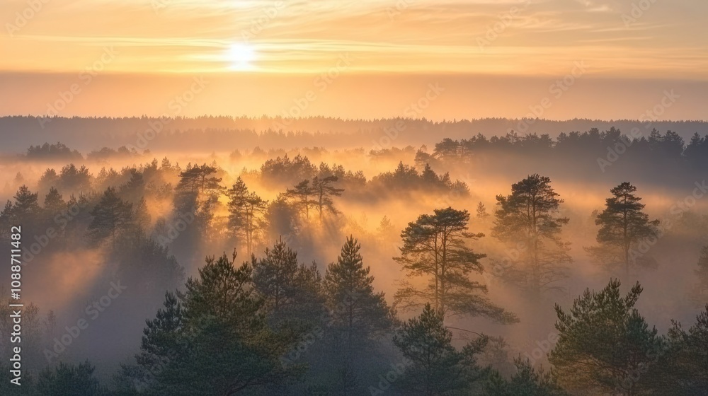 Sunrise Mist Shrouds a Pine Forest Landscape Sunrise Mist Shrouds a Pine Forest Landscape