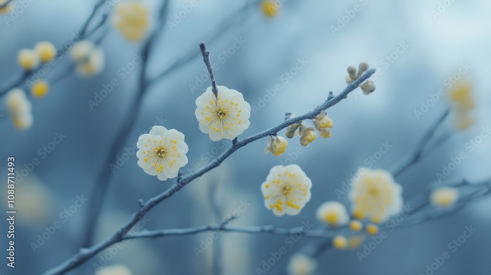 Close-up of delicate white and yellow flowers blooming on a bare branch against a soft blue background. Close-up of delicate white and yellow flowers blooming on a bare branch against a soft blue background.