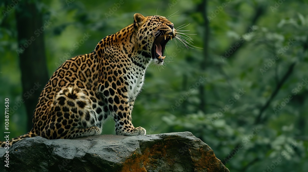 A wild leopard roaring from atop a large rock in a dense forest, its powerful roar resonating through the tranquil woodland A wild leopard roaring from atop a large rock in a dense forest, its powerful roar resonating through the tranquil woodland