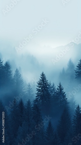 Blue wallpaper forest tree fog.