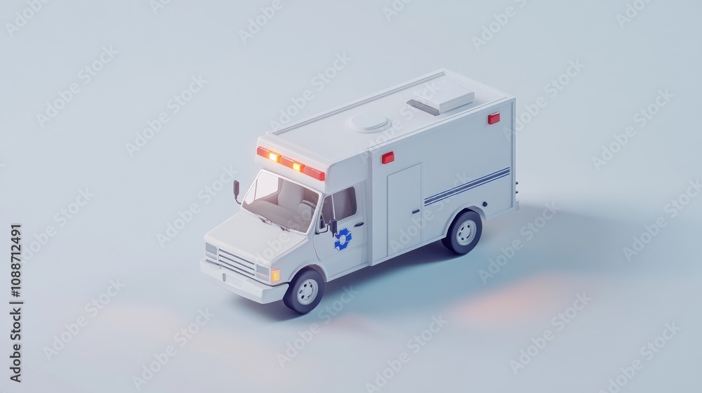 A 3D model of a white ambulance with emergency lights for medical transport. A 3D model of a white ambulance with emergency lights for medical transport.