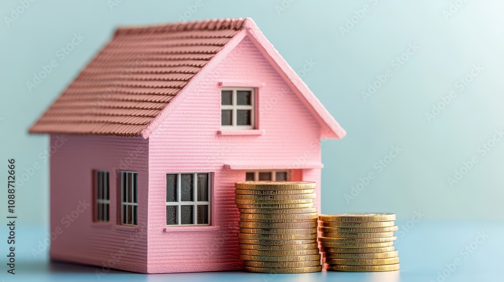 Small house model with coins, a 3D rendering concept for real estate investment and mortgage finance.