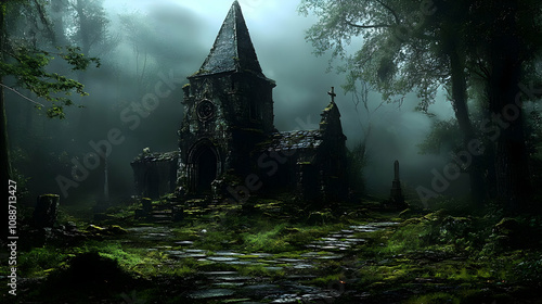 Ancient Church Ruins in Misty Forest: An Eerie Exploration