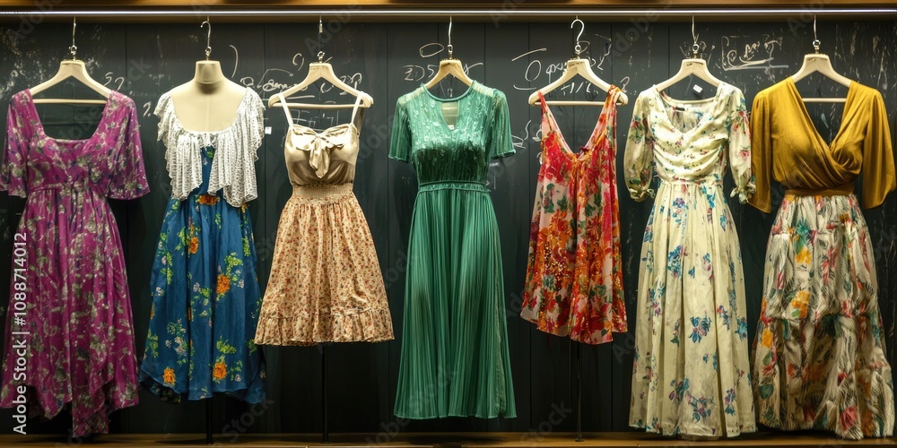 Fototapeta premium A collection of clothing designs displayed on mannequins or hangers in a boutique.