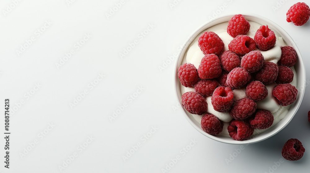 Bowl filled with fresh raspberries on top of creamy yogurt on a white background Bowl filled with fresh raspberries on top of creamy yogurt on a white background