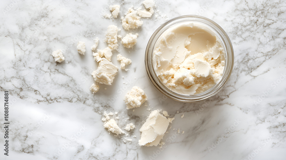 Shea butter in a glass jar and with pieces of butter on a marble surface Shea butter in a glass jar and with pieces of butter on a marble surface
