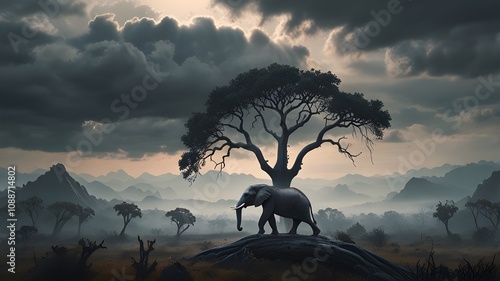  A striking surreal scene in a dreamlike 3D landscape where an elephant stands on the thin, twisted branch of a withered tree, surrounded by an ethereal sky and barren ground, evoking a sense of tensi photo