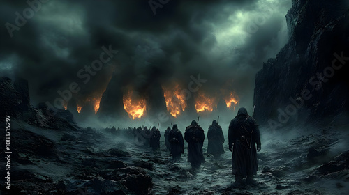 Warriors March Towards Infernal Flames in Dark Landscape