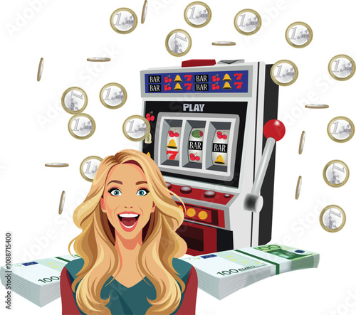 Woman winning on a slot machine with euros coins and banknotes raining down