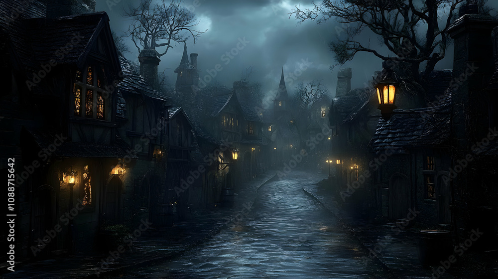 Rainy Night in Medieval Village: Dark, Mystical, Cobblestone Streets Rainy Night in Medieval Village: Dark, Mystical, Cobblestone Streets