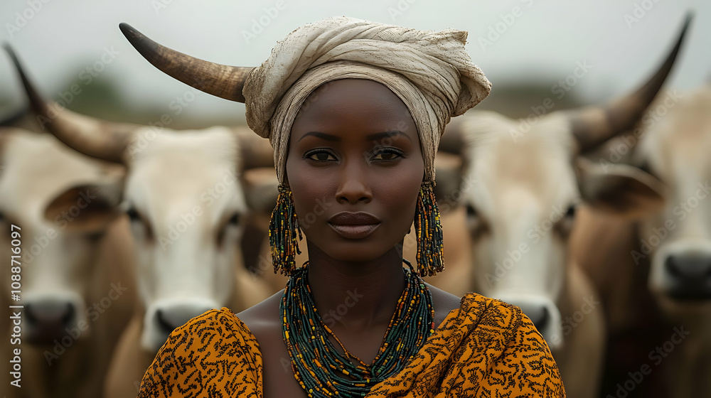 African Woman with Cattle: Culture Beauty and Tradition Stock Photo African Woman with Cattle: Culture Beauty and Tradition Stock Photo
