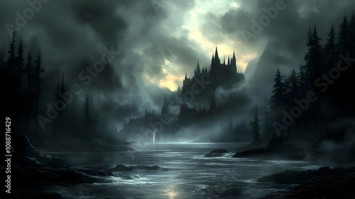 Dark Castle by Misty River, Gothic Fantasy Landscape Art photo