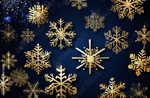 dark blue christmas background with golden snowflakes