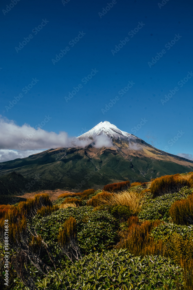 Fotografía del Monte Taranaki en Nueva Zelanda.