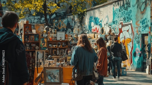 Outdoor market scene with people browsing art and collectibles. photo