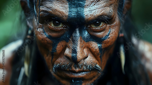 Tribal Man's Face: Ancient Paint, Powerful Gaze, Cultural Heritage, Close-up Portrait, Intricate Designs, Deep Meaning, Jungle Setting, Ethnographic Study, Humanity's Story