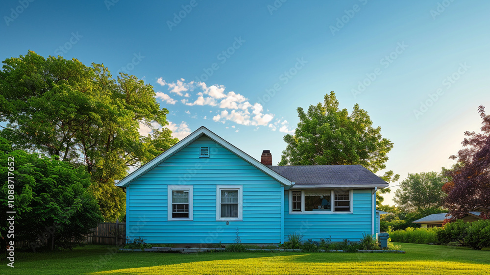 A refreshing robin's egg blue house with siding, nestled in a suburban paradise, under the clear expanse of the sky. A refreshing robin's egg blue house with siding, nestled in a suburban paradise, under the clear expanse of the sky.