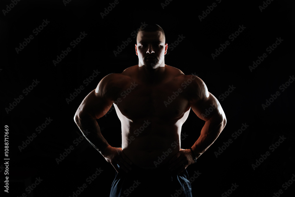 Muscular man showing muscles, isolated on the black background. Bodybuilder male naked torso abs. Muscular man showing muscles, isolated on the black background. Bodybuilder male naked torso abs.