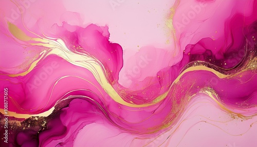 abstract liquid ink painting background in pink colorswith gold splashes photo