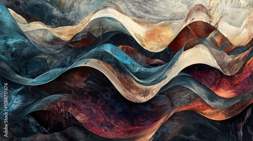 An artistic composition of flowing waves in various colors, creating a dynamic and textured visual effect. It captures movement and depth elegantly. photo