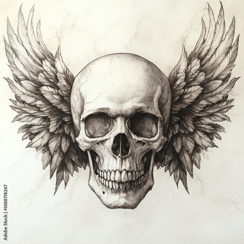 Obraz premium A detailed skull with wings illustration, symbolizing mortality and freedom.