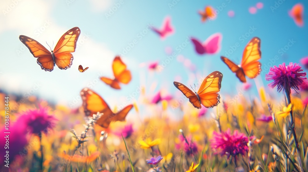 A vibrant scene of butterflies fluttering over a colorful flower field under a bright sky. A vibrant scene of butterflies fluttering over a colorful flower field under a bright sky.
