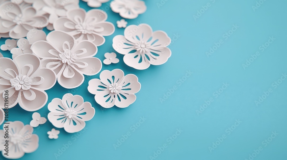 Fototapeta premium Elegant White Paper Flowers on Blue Background Floral Crafts Wedding Spring