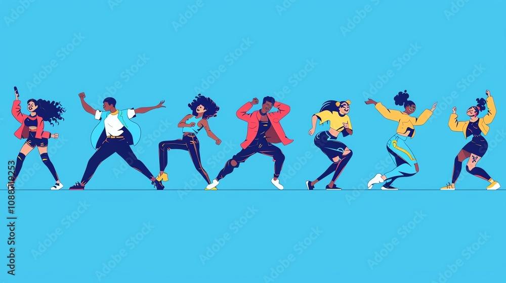 A group of seven diverse people are dancing. A group of seven diverse people are dancing.
