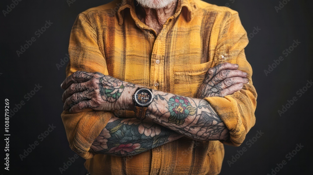 Fototapeta premium Elderly tattoos, senior showcasing art on skin, dynamic contrast of age and ink, creative and expressive, illustrations.