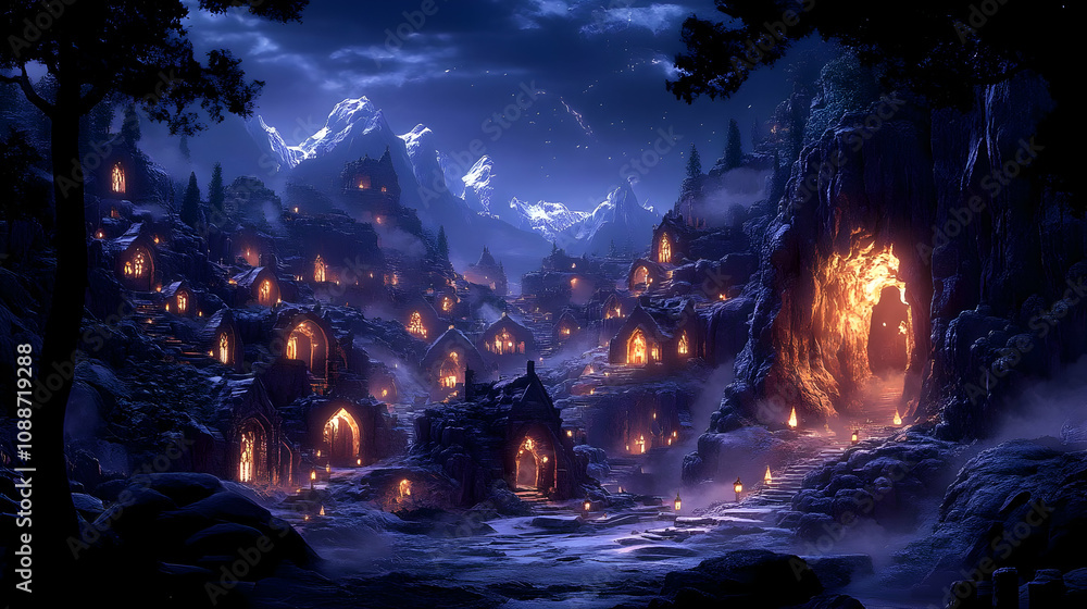 Enchanted Mountain Village Glows at Night, Illuminated by Candlelight, Fantasy Setting Enchanted Mountain Village Glows at Night, Illuminated by Candlelight, Fantasy Setting
