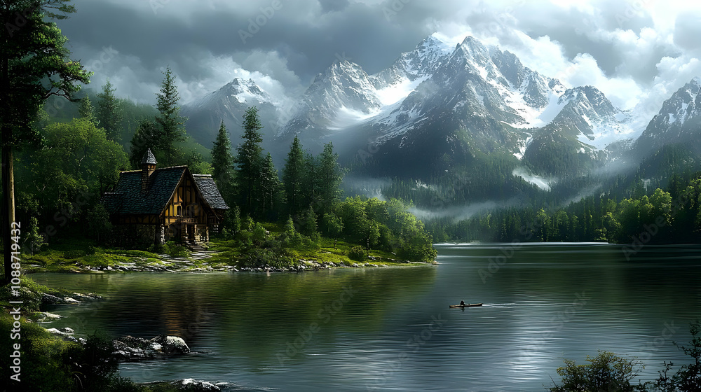 Fototapeta premium Serene Lake House nestled in Majestic Mountains