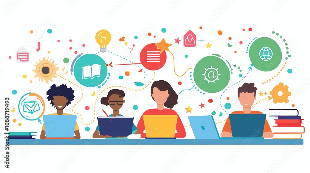 Four people are sitting at a table with laptops. They are connected by lines and have various icons around them. Four people are sitting at a table with laptops. They are connected by lines and have various icons around them.
