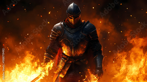 Fiery Knight: Medieval Warrior in Flaming Armor