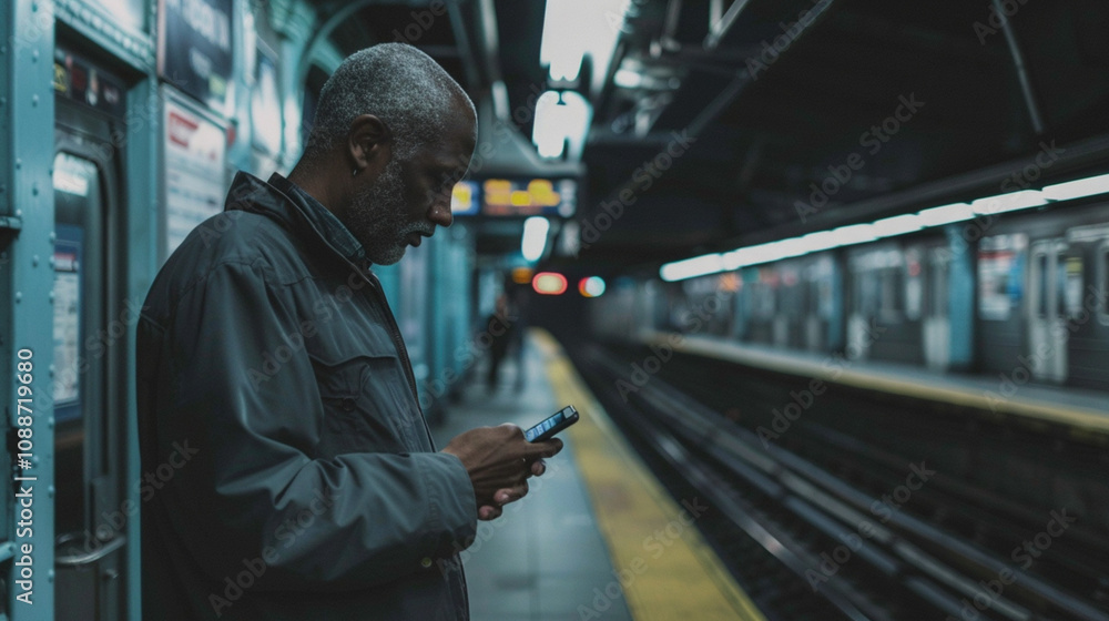 Connectivity, urban lifestyle, and digital dependence in a public transportation. African-American man standing on a metro station platform, looking in his smartphone, modern technology addiction Connectivity, urban lifestyle, and digital dependence in a public transportation. African-American man standing on a metro station platform, looking in his smartphone, modern technology addiction