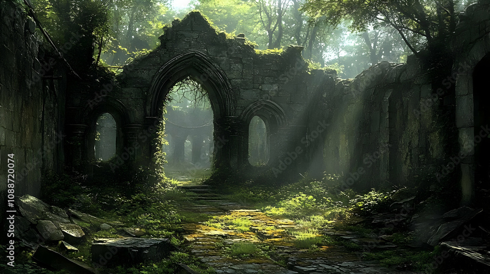 Ancient Ruins Overgrown by Nature's Embrace in a Mystical Forest Ancient Ruins Overgrown by Nature's Embrace in a Mystical Forest