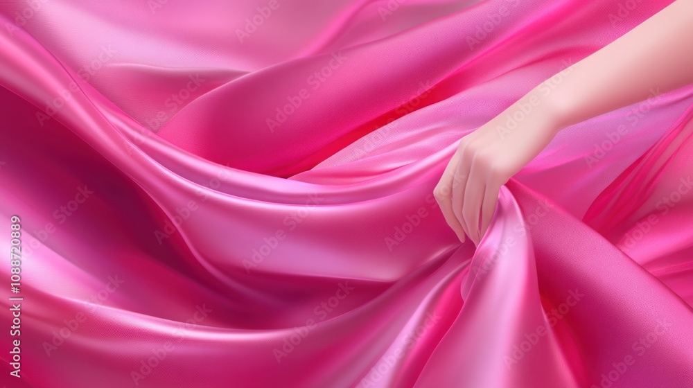 A close-up of a hand interacting with flowing pink satin fabric. A close-up of a hand interacting with flowing pink satin fabric.