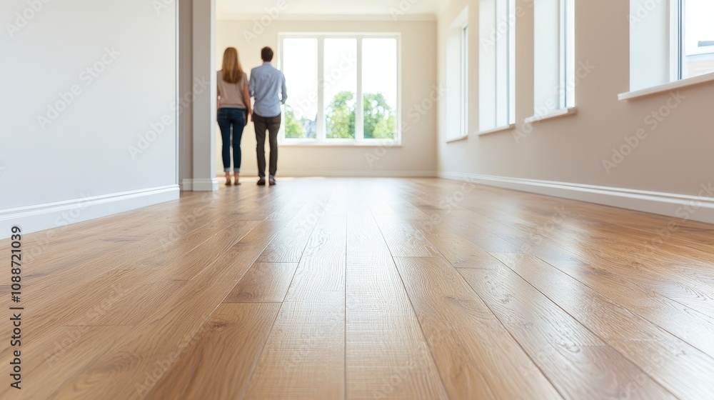 Couple Viewing New Home Modern Apartment Hardwood Floors Bright Windows Real Estate Couple Viewing New Home Modern Apartment Hardwood Floors Bright Windows Real Estate