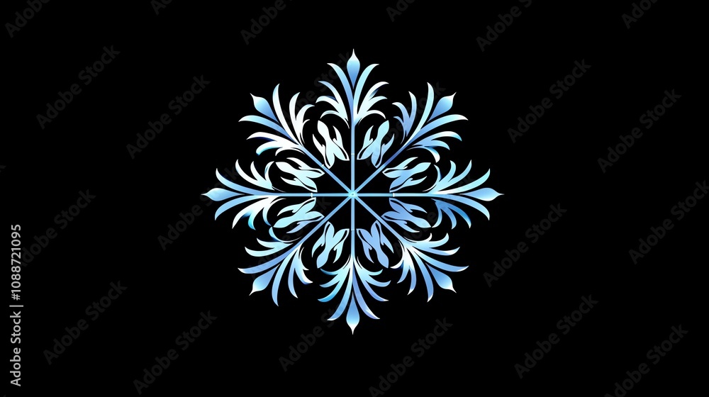 A blue and white snowflake on a black background. A blue and white snowflake on a black background.