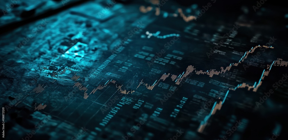 A digital representation of financial data with a rising graph on a dark background. A digital representation of financial data with a rising graph on a dark background.