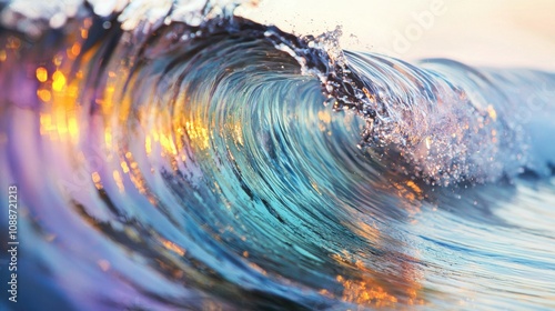 A captivating image of a colorful ocean wave, shimmering with hues of blue and orange, capturing the beauty and power of nature. photo