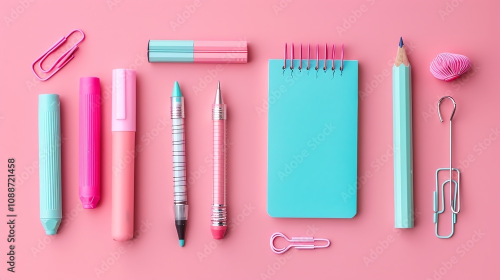 A flat lay of colorful office supplies on a pink background. A flat lay of colorful office supplies on a pink background.