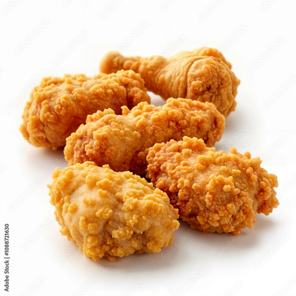 Five crispy fried chicken pieces sit on white. Five crispy fried chicken pieces sit on white.