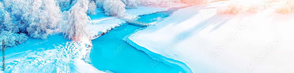 Fototapeta premium winter landscape drone panoramic view. Beautiful vibrant colors. Snow water trees. Christmas time. Space for text. Background Banner cover poster header greeting card email web. Generative Ai content