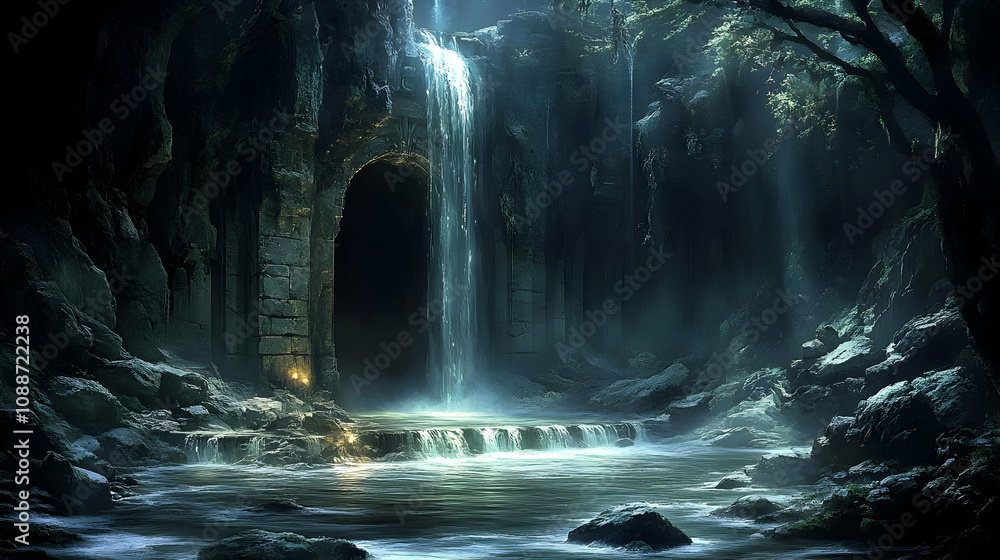 Waterfall Cascades into Ancient Ruins, Mystical Forest Setting Waterfall Cascades into Ancient Ruins, Mystical Forest Setting