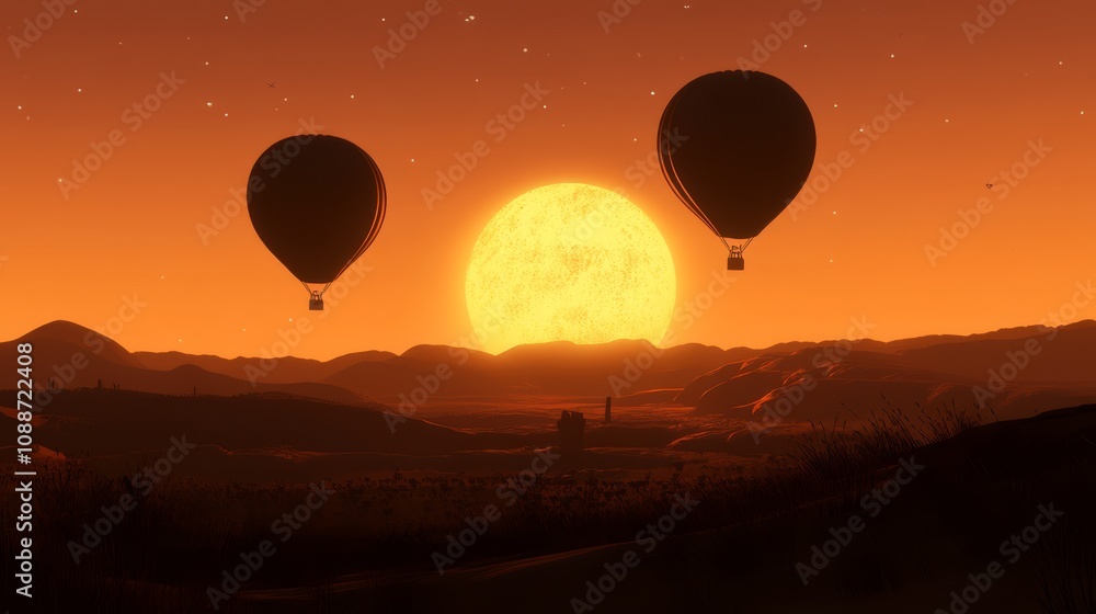 Two hot air balloons fly against the sunset with a distant building and mountains in the background. Two hot air balloons fly against the sunset with a distant building and mountains in the background.