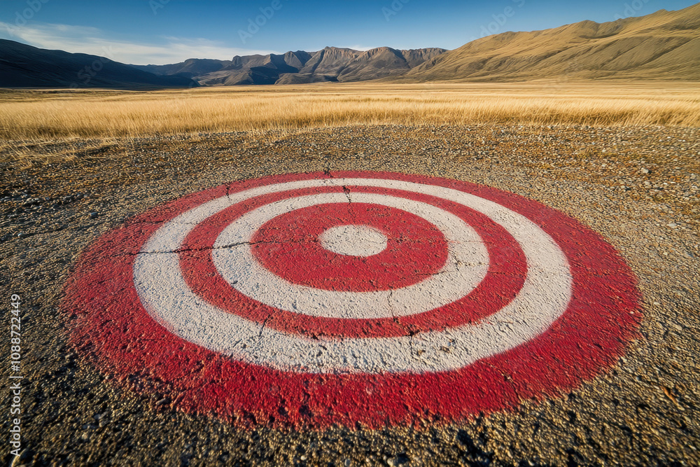 Red and white circular target painted on a rocky surface in an open field, with a backdrop of mountains under a clear blue sky, symbolizing focus and aim. Red and white circular target painted on a rocky surface in an open field, with a backdrop of mountains under a clear blue sky, symbolizing focus and aim.