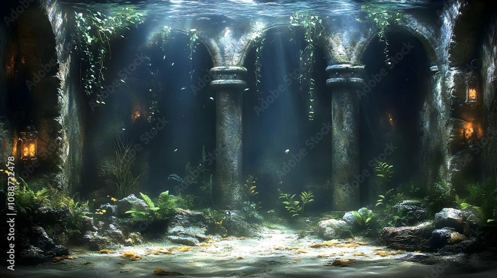 Sunken City: Aquatic Ruins, Lush Plants, Ancient Pillars, Underwater Exploration, Mysterious Depths Sunken City: Aquatic Ruins, Lush Plants, Ancient Pillars, Underwater Exploration, Mysterious Depths